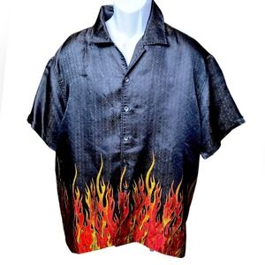 Men's Black Button-Down Shirt with Flame Print